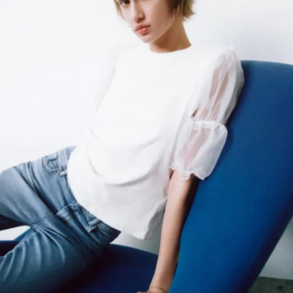 Zara White Organza Puff Sleeve Top Sz Large NWT